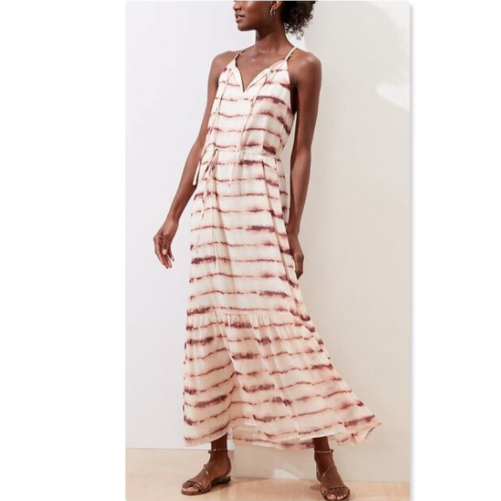 Banana Republic Pink Cream Tie Dye Halter Flounce Maxi Dress Size 6 NWOT